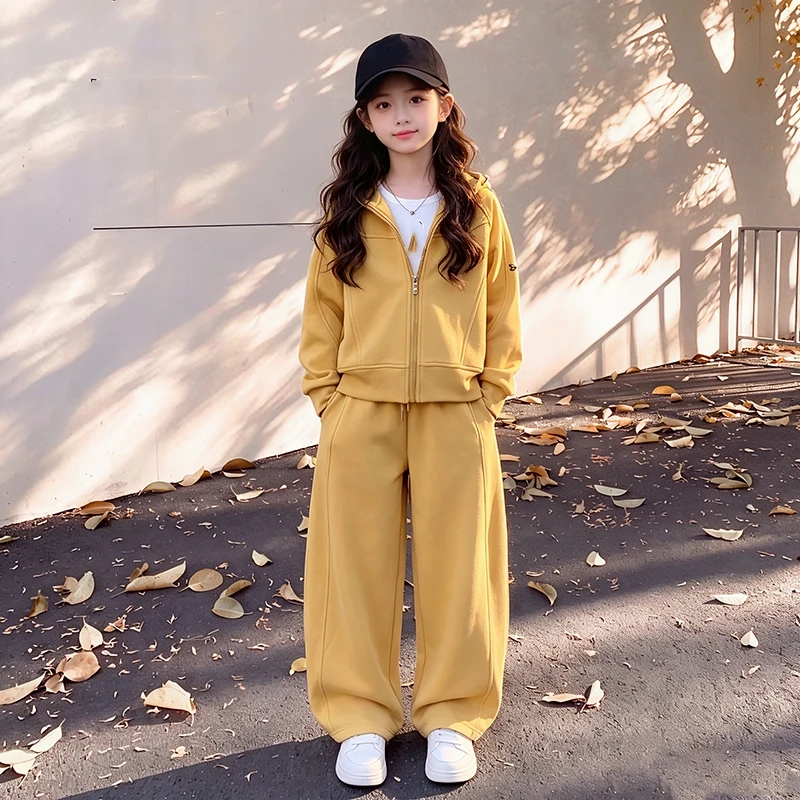 Girls Fall 2 Pieces Tracksuit Zip Hooded Cropped Sweatshirt Wide Leg Trousers Casual Street Outfit 6‑16 Years