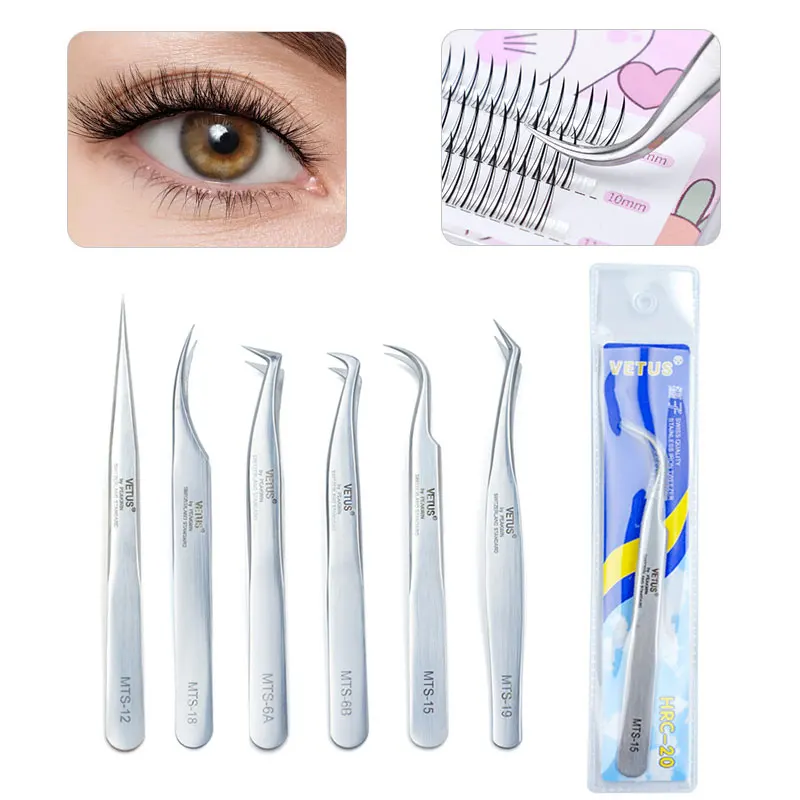 Stainless Steel Eyelash Tweezers With Fiber Tips High Precision Superhard VETUS Tweezer for Volume Fans Lashes Extensions