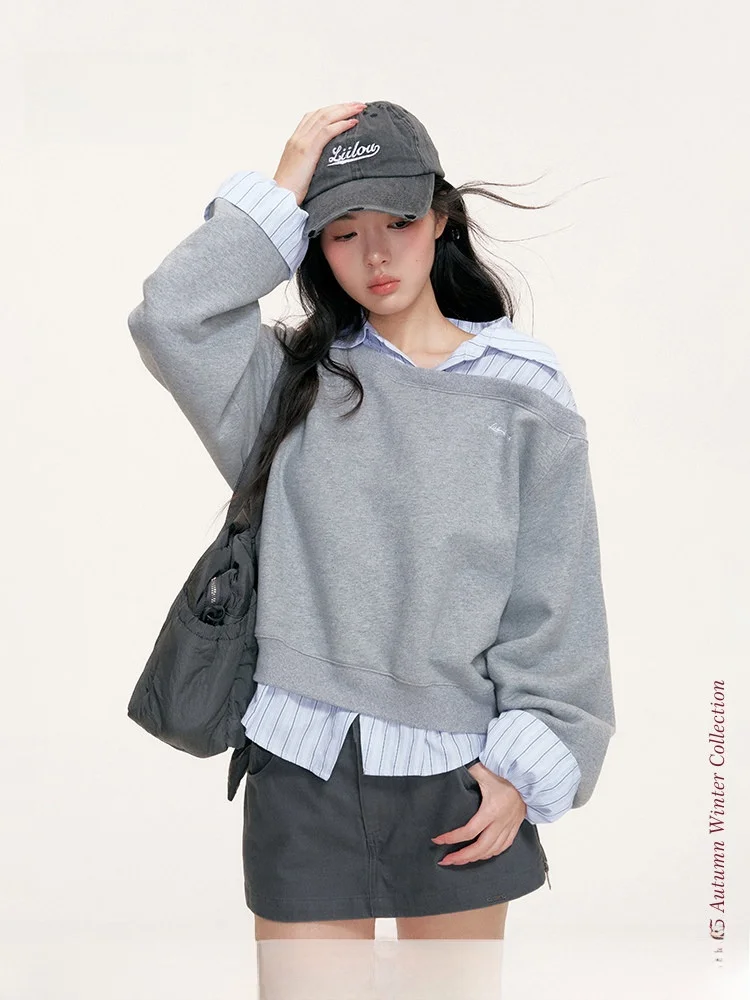 

Lii.Liilou Striped Shirt Paneling Sporty Slant Shoulder Loose Sweatshirt Fake Two-Piece Top Women's Fashion Korean Style Long...