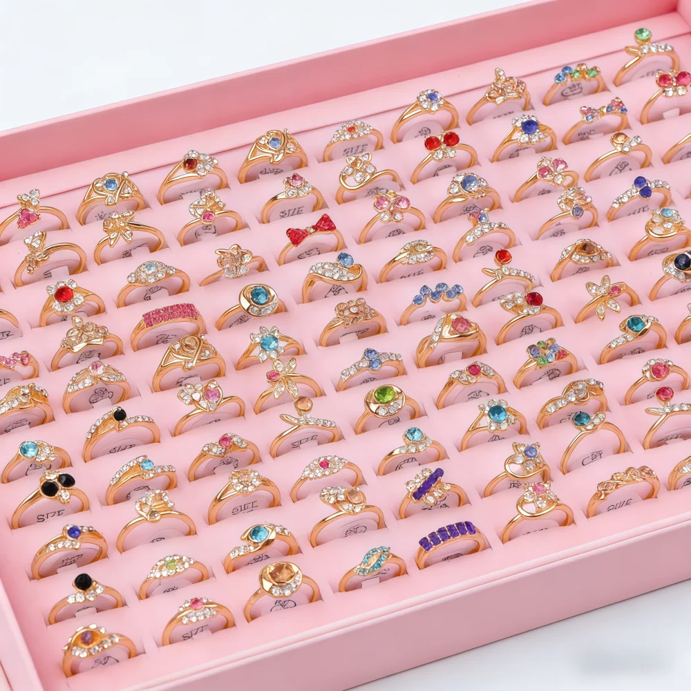 

6/8/12/24/48/100Pieces Fashion Colorful Rhinestone Ring Set For Women Elegant Flower Bow Daily Party Gifts Jewelry