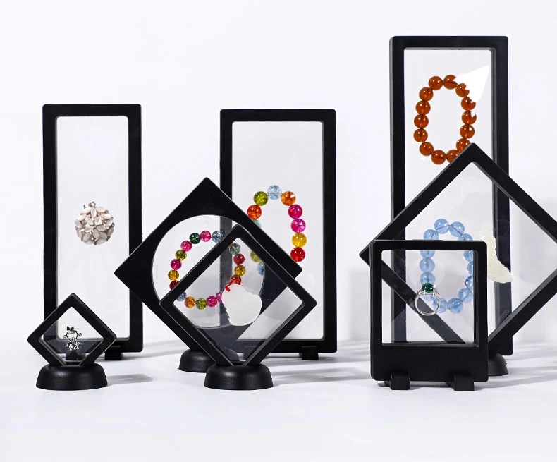 3D Floating Frame Gemstone Coin Box Clear Jewelry Bracelet Display Stand Ring Pendant Holder Protect Jewellery Presentation Case