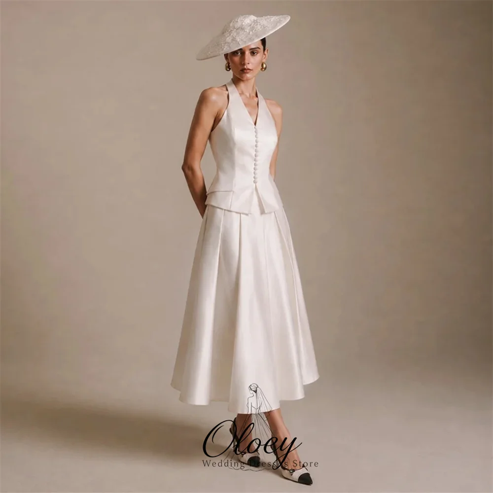 OLOEY Classic Halter V‑Neck Satin Two Piece Bridal Gown A‑Line Sleeveless Tea-length Wedding Dresses For Woman Customized