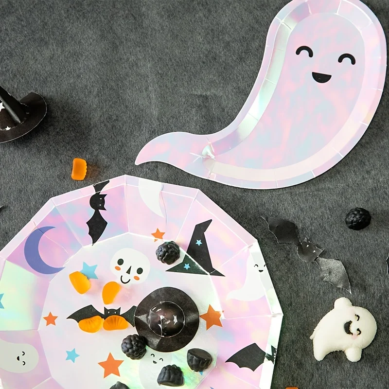 Stoviglie usa e getta a forma di fantasma di Halloween, piatti di carta, tazze, decorazione per feste di buon compleanno di Halloween per la casa