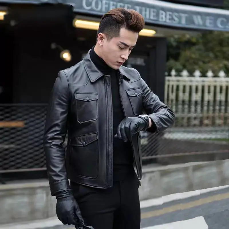 

Men 2022 Spring Autumn Fashion Motorcycle Zipper Jackets Men Natural Sheepskin Coats Male Slim Fit Long Sleeve Outwear W56