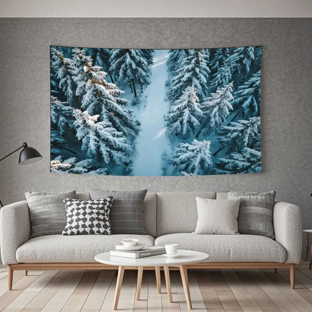 

Personalized Winter Tapestry, Custom Snowy Forest Photo with Aerial Treetop View, Large Wall Hanging for Living Room Decor