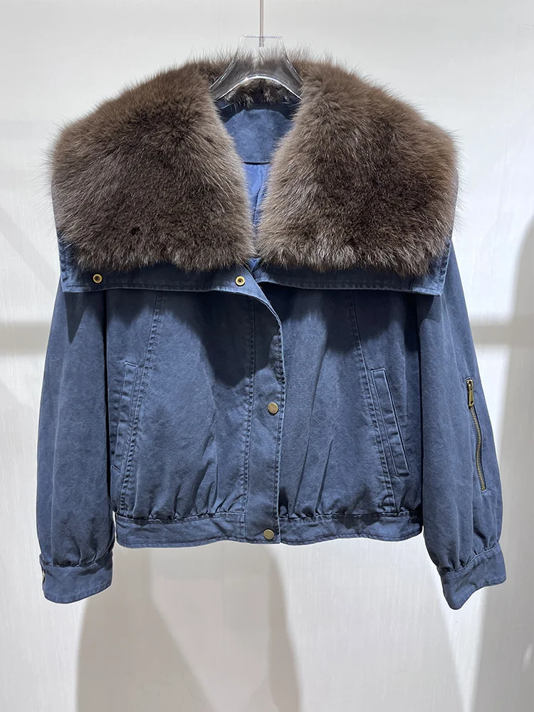 2025 Autumn Winter Women's Goose Down Coats Denim Jacket Natural Real Fox Fur Collar Outwear Luxury Female Jacket