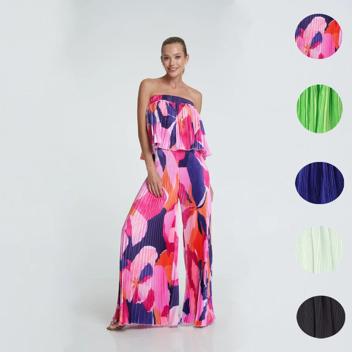 

Summer Sexy Printed Pleated Sleeveless Chest Wrap Top And High Waist Flared Wide-leg Trousers Sets Chic Party Vacation Suit
