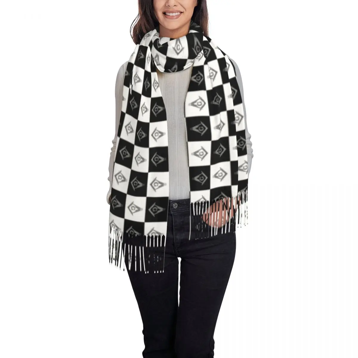 Custom Lady Large Freemasons Checkered Black And White Pattern Scarves Winter Thick Warm Tassel Shawl Wrap Masonic Mason Scarf