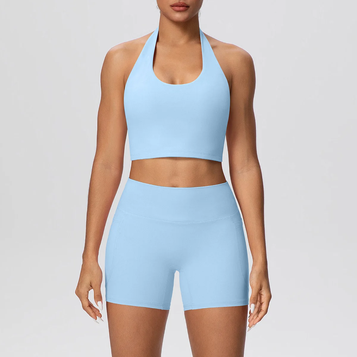 

Women Sports Sets Halter Bras Backless and Shorts Sportswear Gym Running Training Elastic Yoga Suits Tights 2 Pieces