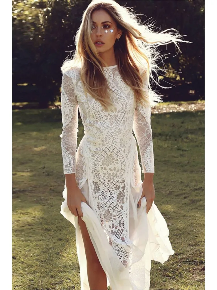 Ausländischen Stil Abendkleid Frau Sexy Spitze Patchwork Backless Brautkleider Damen Elegante Lange Ärmel Party Prom Vestidos