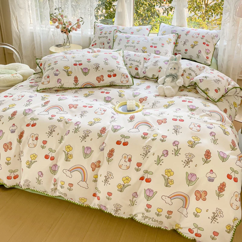 Imagem -06 - Pastoral Girls Flower Bedding Sets Roupa de Cama de Algodão Lavado Soft Quilt Cover Sheet Grupo Colcha Simples Têxteis Lar