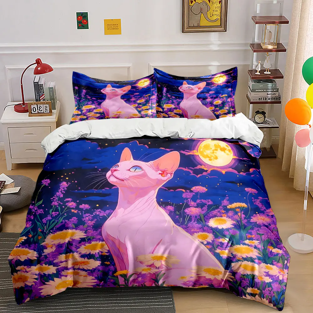 Cat with Full Moon and Purple Flowers Printed Duvet Cover Set 1 Duvet Cover+2 Pillowcase Multi Size Bedroom Bedding Decor