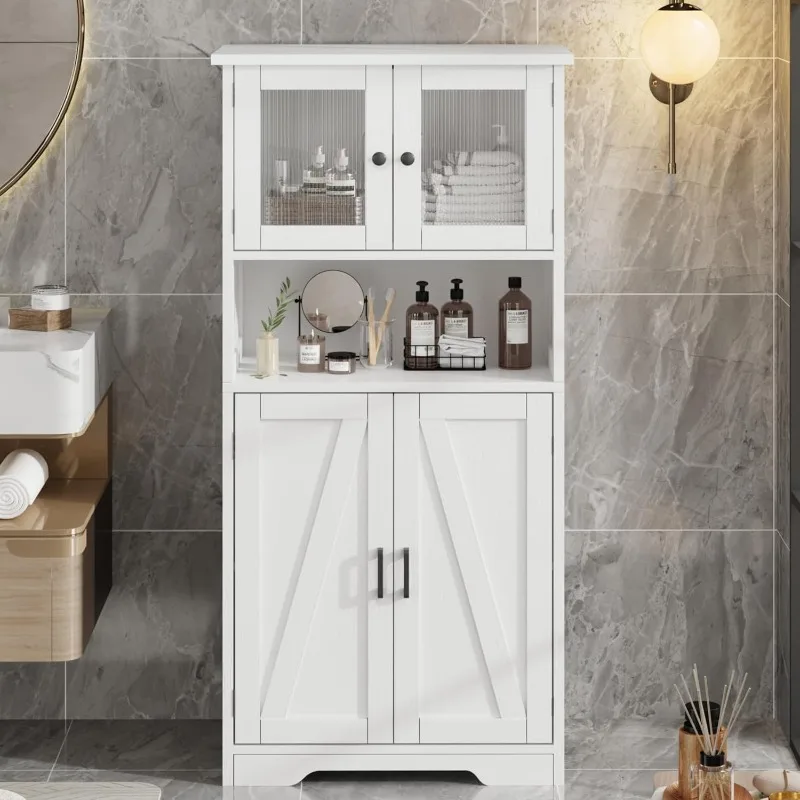 Bathroom Storage Cabinet, Freestanding Floor Linen Storage Cabinet with Doors and Shelves, Wooden Kitchen Pantry Storage