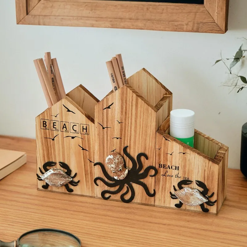 Mediterranean Style Crab Pen Holder Organizer Wooden Ocean Themed Desktop Practical Decor for Home Office Decoration Gift