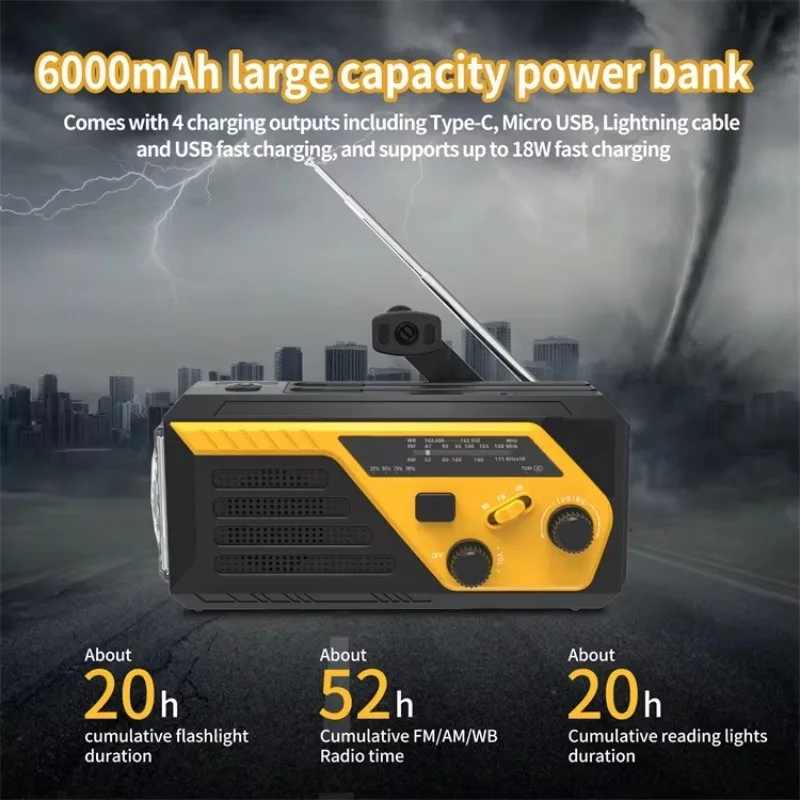 

SOS & QC3.0 6000mAh Portable Emergency FM AM Radio Flashlight with LED Reading Light Built-in Wire Dynamo Weather Radio