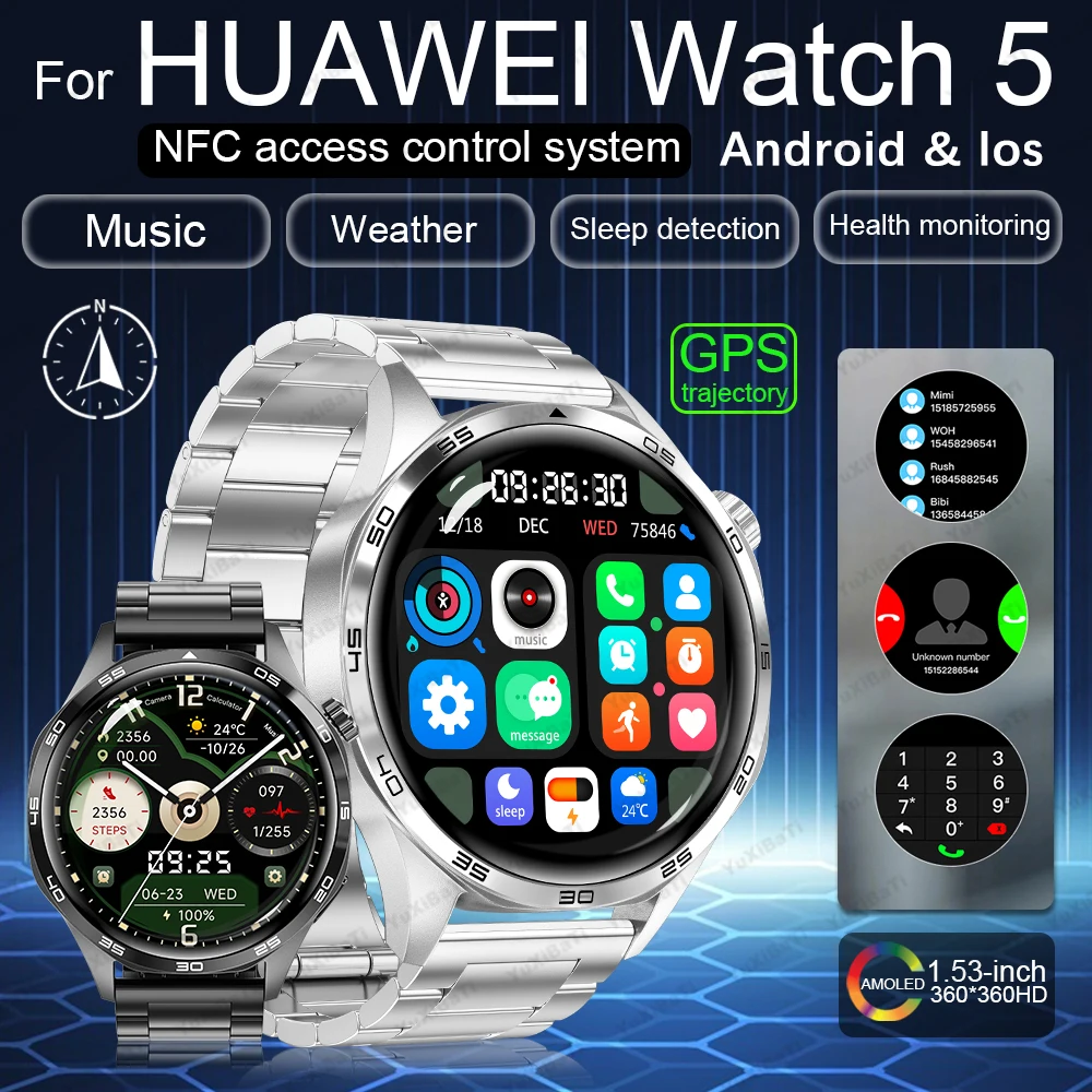 GT 5 Pro For Huawei New Smart Watch Men's Women 360*360 HD Big Screen 24h Heart rate Monitoring NFC GPS 300mAh Sports Smartwatch