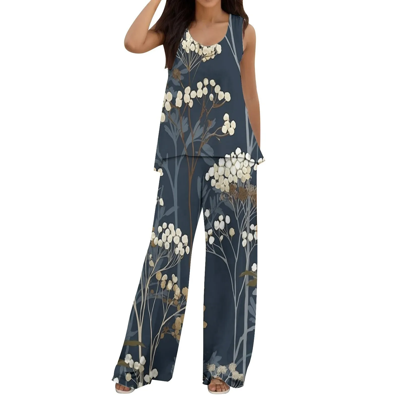 

Dark Series Plant Pattern Vest Loose Casual Pants Set, European And American Aliexpress Amazon WholesaleWN22+ML8