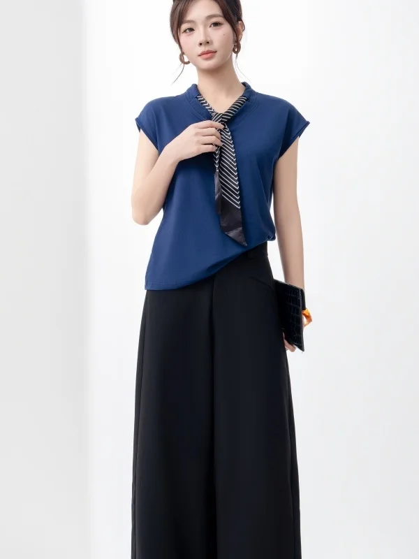 

High Waist Wide Leg Pants Women's Loose Fit Black Casual Suit Pants Straight Cut Polyester Fiber High Waist Simple Style Summ...