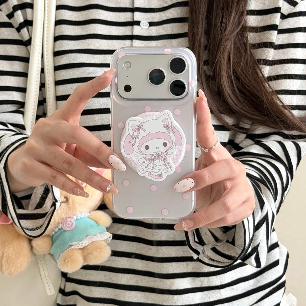 Sanrio My Melody Wave point Magnetic Grip Holder Magsafe Wireless Charge Phone Case For iPhone 17 16 15 14 Pro Max Hard Cove