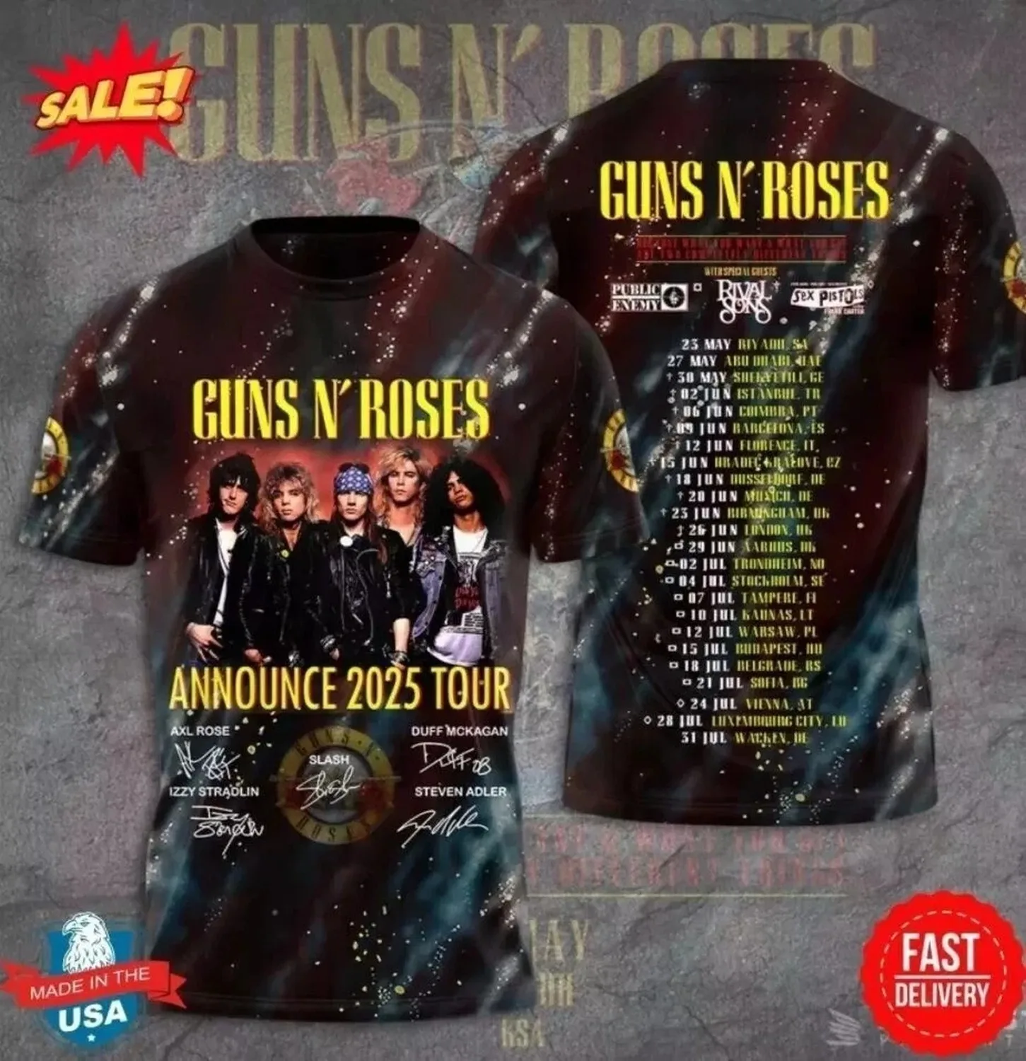 Hot Guns N Roses Tour 2025 3D T-Shirt – Licensed & Limited Rock Band Shirt S-5XL