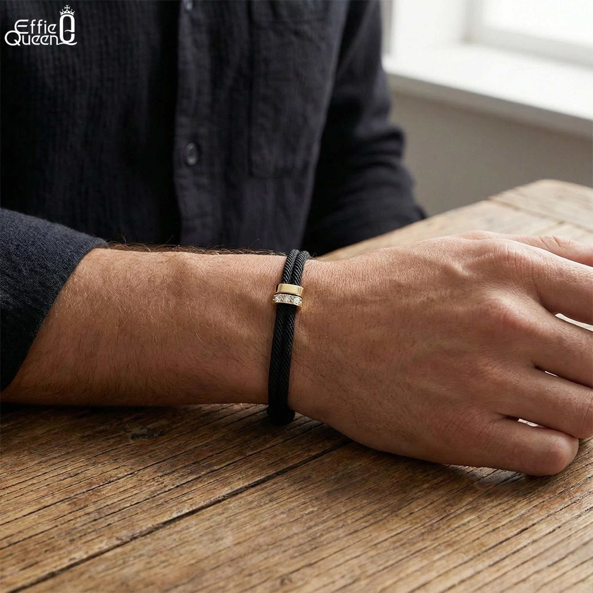 

EFFIE QUEEN, стерлинговое серебро 925 пробы, золото 14 карат, украшение из кубического циркония AAAA с черной веревкой, браслет-цепочка, регулируемый подарок APB07