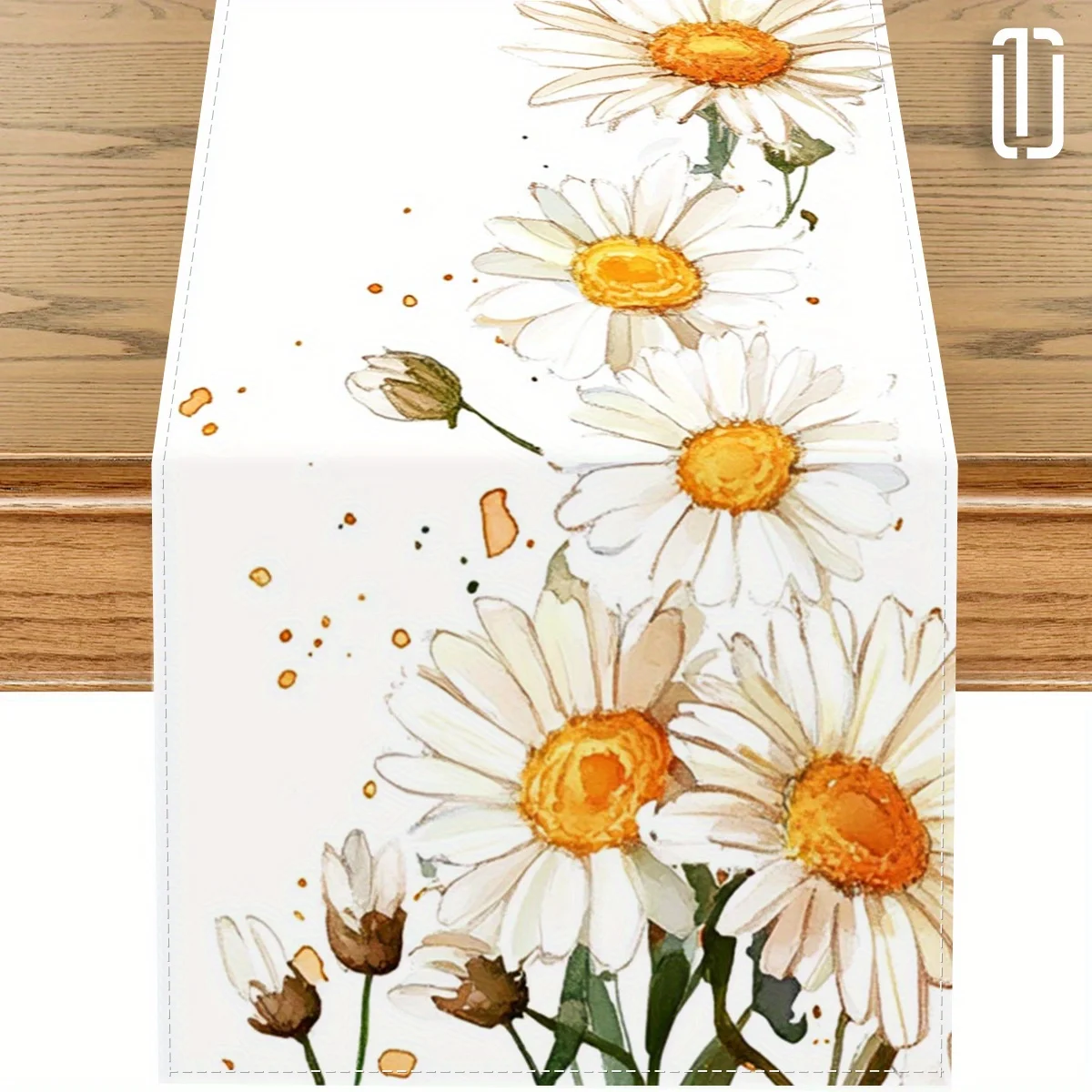 1 Piece of Watercolor Daisy Table Runner, Painted with Fresh Daisies and Splash Ink Patterns on a White Background, Suitable for Garden Parties, Pastoral B&Bs, Literary Tea Breaks, Wedding Arrangements, Handmade Markets, Cafe Decorations, Home Soft Furnishings, and Girlfriends' Parties