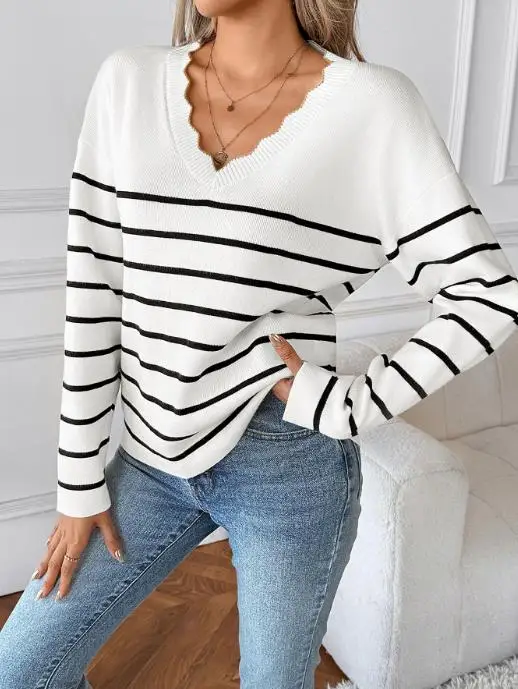 

V-Neck Long Sleeved Women's Sweater Autumn and Winter Basic Striped Embroidery Scallop Edge Knitted Long Sleeved Sweater