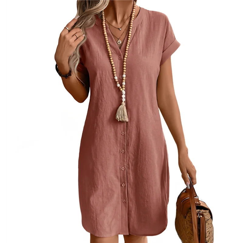 ASDS-Women Linen Dress Spring Summer Casual Cap Sleeve V Neck Midi Button Down Shirt Dresses