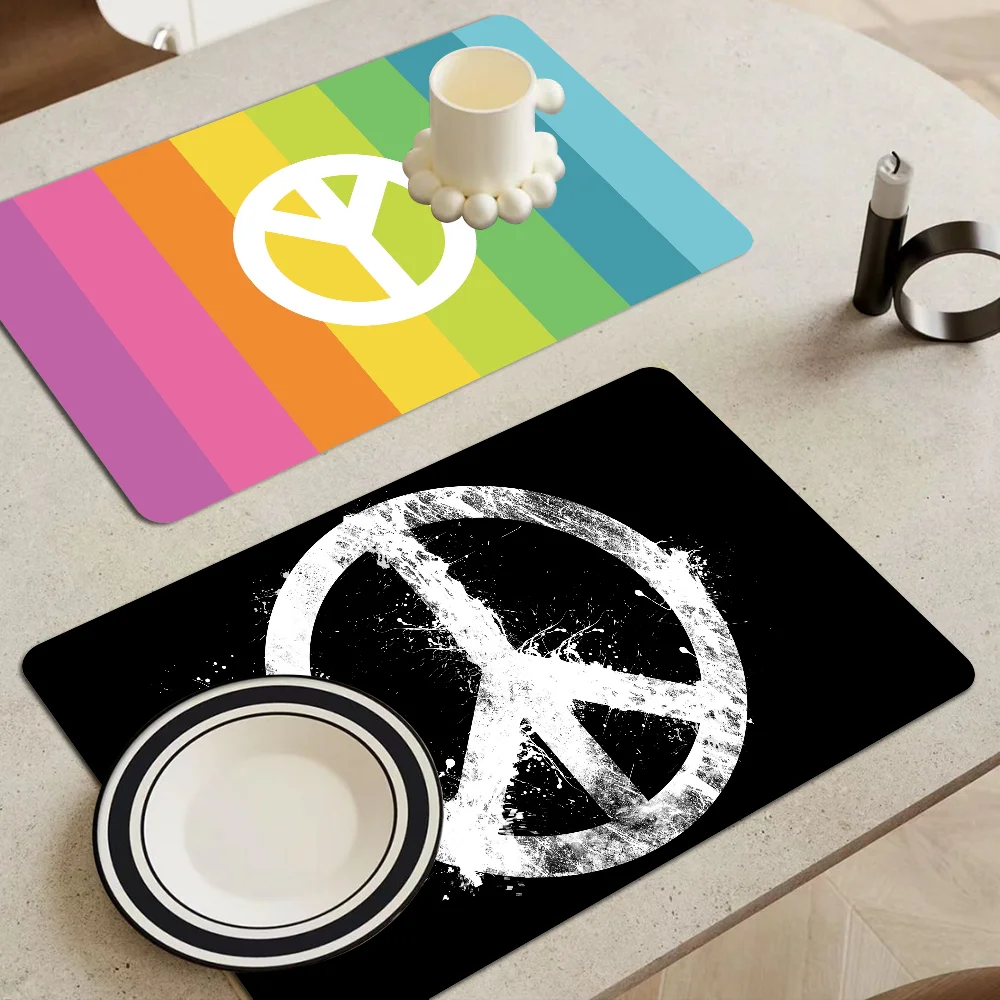 Peace And Love Logo Quick Drying Dish Mat Printed Kitchen Non-slip Coffee Cup Pad Drain Mats Dinnerware Cup Bottle Placemat