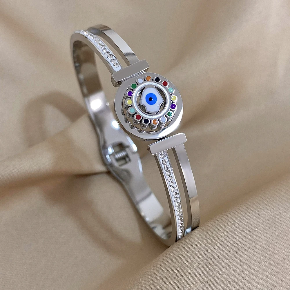 Evil Eye Stainless Steel Charm Bracelet, Rhinestone