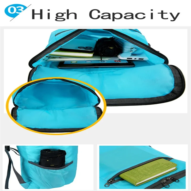 Bolsa dobrável leve para homens e mulheres, impermeável, grande capacidade, mochila portátil, viagem ao ar livre, caminhadas, 20l