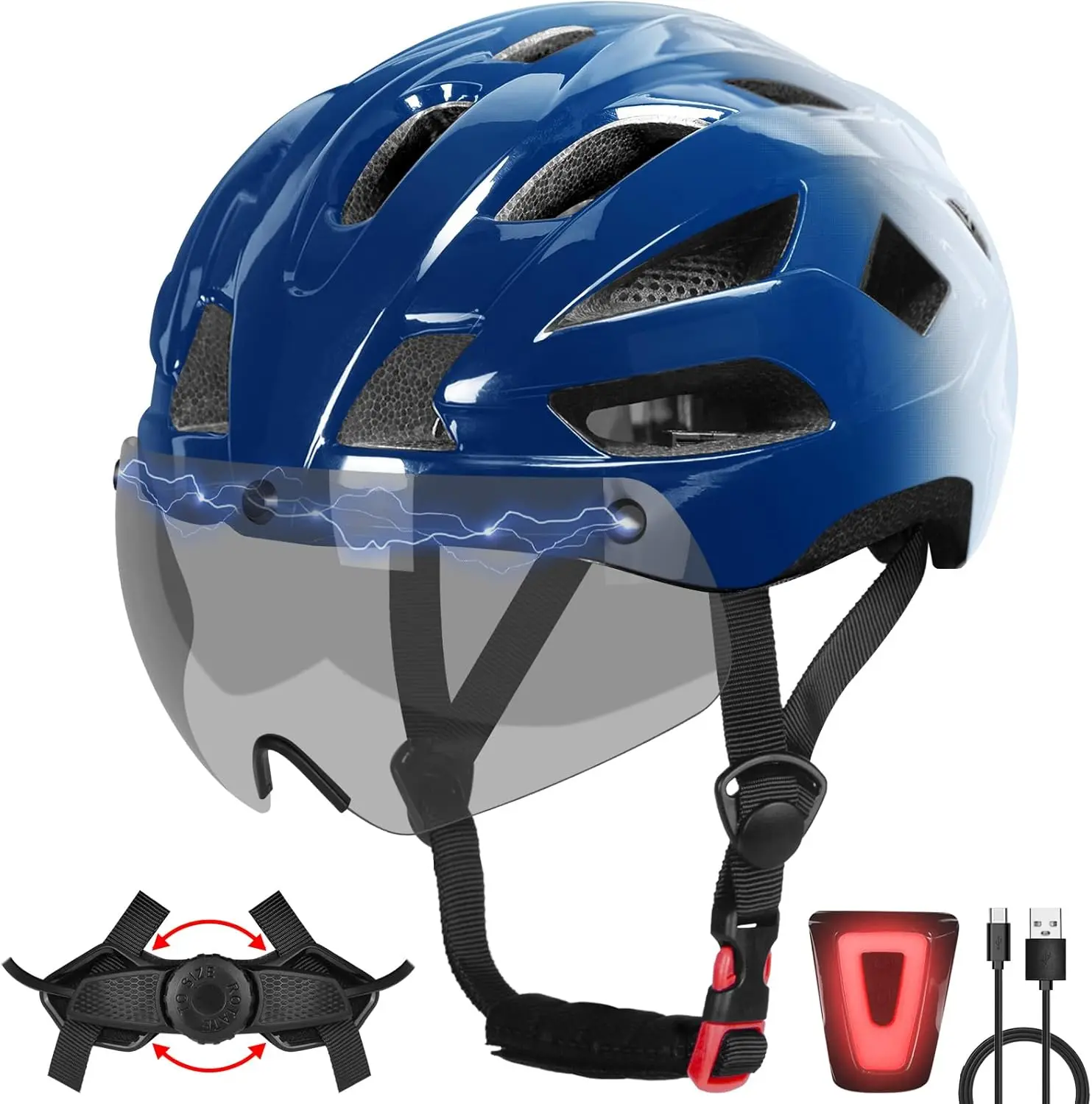 

Велосипедный шлем для взрослых со светодиодной подсветкой и магнитными очками, регулируемый размер 22.8-24.4 дюйма, USB-зарядка в комплекте