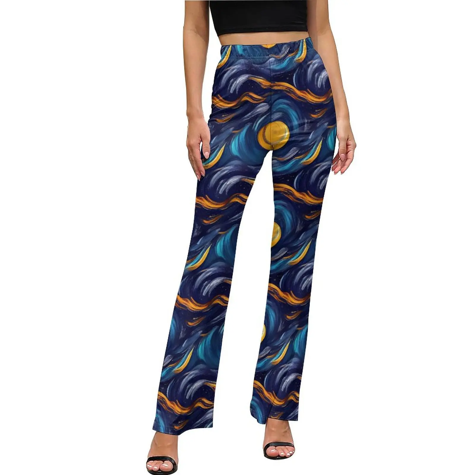 

Watercolor Starry Night Pants Elastic Waist Abstract Art Harajuku Flare Pants Autumn Office Graphic Oversize Trousers