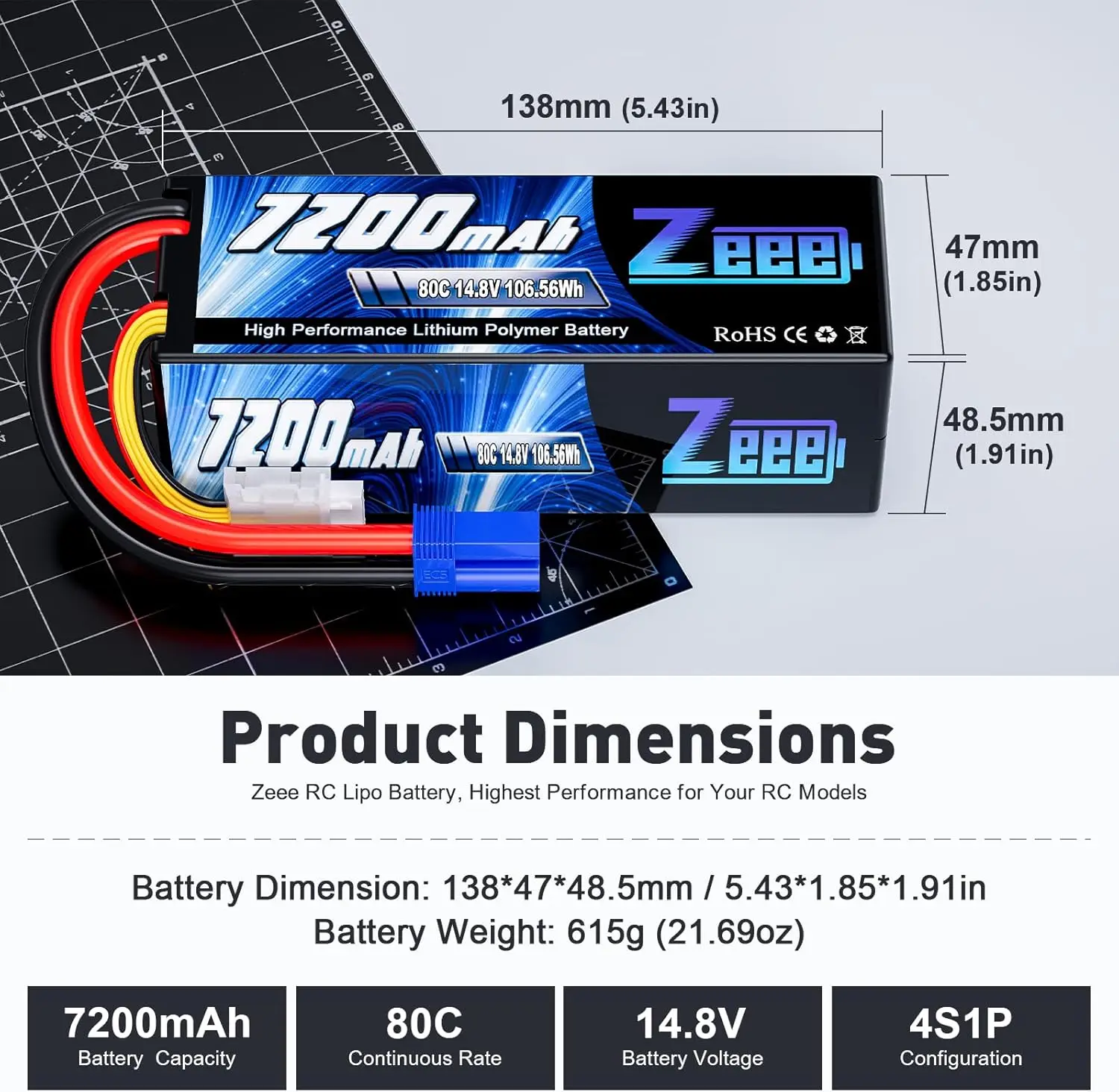 Zeee 4S Lipo Battery 14.8V 80C 7200mAh with EC5 Plug Hardcase for RC Car RC Airplane Boat Helicopter Racing Hobby RC Model Parts