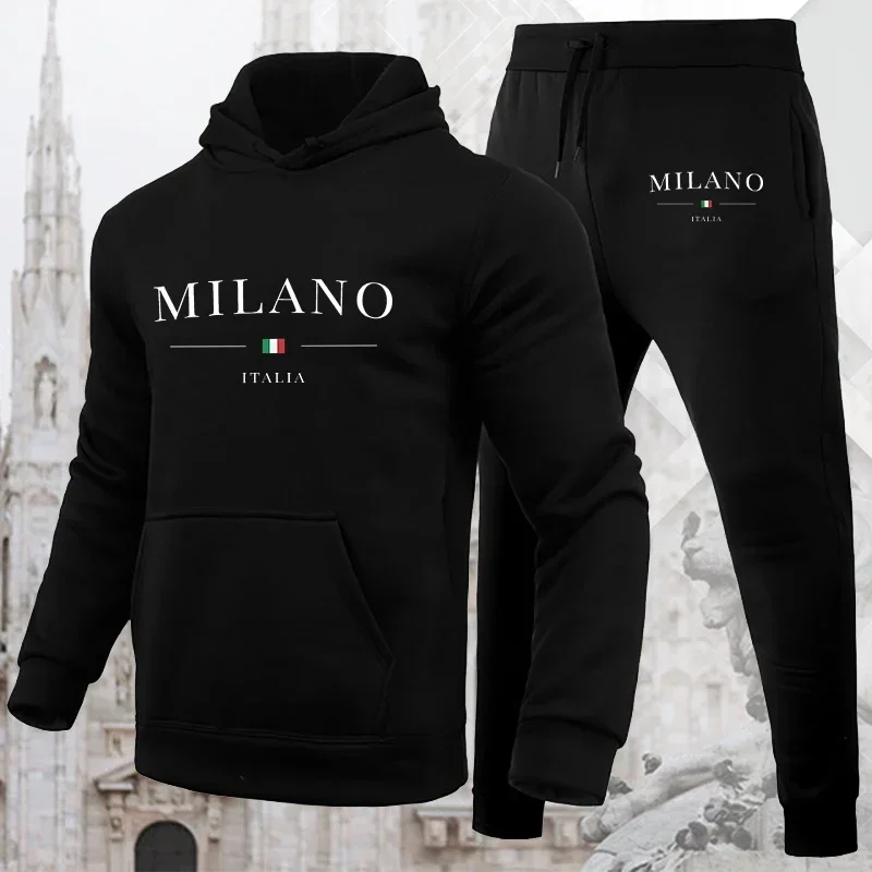 

Men's Luxury Hoodie Set Milano Print Sweatshirt Sweatpant for Male Hooded Tops Jogging Trousers Suit Casual Streetwear Tracksuit