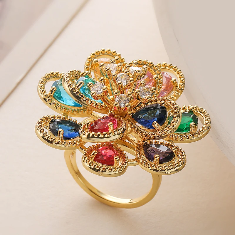 GANPUP Luxuriöser offener Fingerring mit farbigen Zirkonia-Blumen für Damen, für den täglichen Gebrauch, funkelnder, verstellbarer Ring, Schmuck, Hochzeitsgeschenk – Detail 3