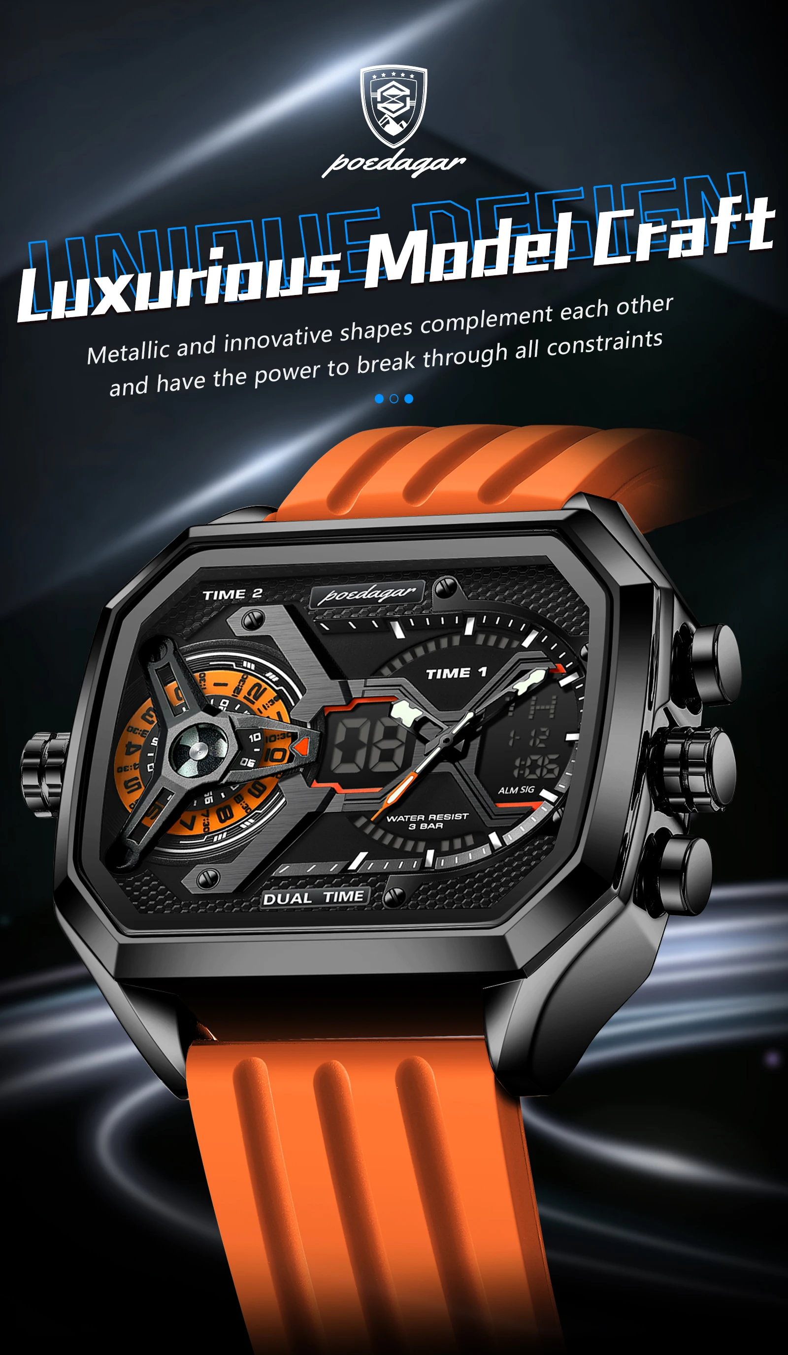 POEDAGAR Sport Männer Armbanduhren Datum Woche Leuchtende LED Mode Mann Uhr Silikon Armband Elektronische Dual Time Quarz herren Uhr – Detail 2