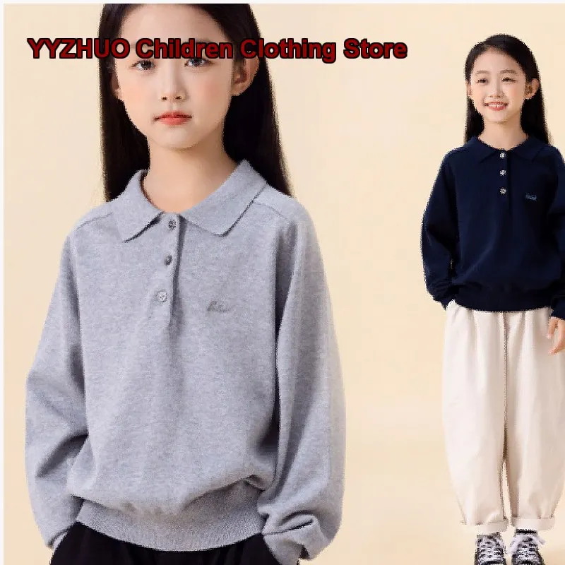 Girls Spring Autumn 2026 College Style Knit Top Collar Fold Button Front Older Kids Pullover Base Layer
