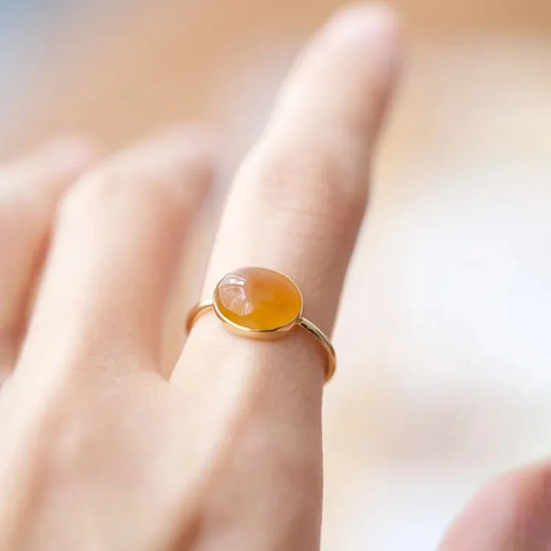 Natural yellow chalcedony rings for women classic design fresh glossy simple oval ring new in party Suitable for daily jewelry