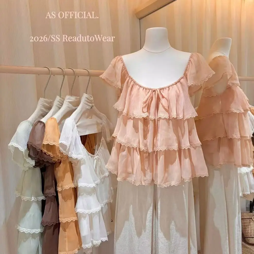 Women Sweet Girl Summer Korean Style Loose Mesh Top with Lace Trim Short Sleeve Fresh Style U-Neck T-Shirt Top