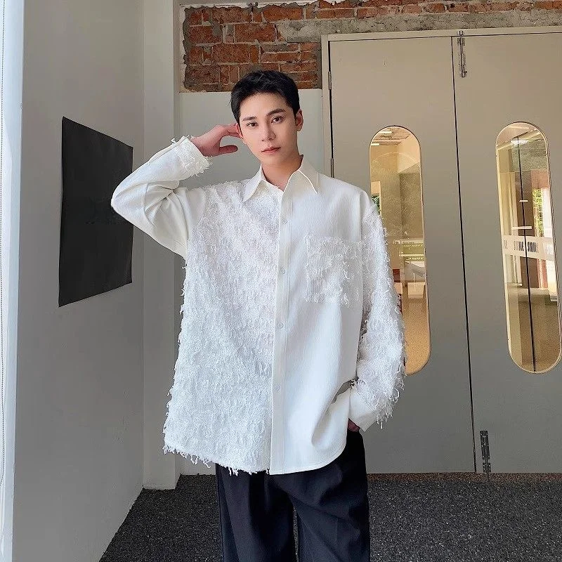 

Весенне-осенняя мужская рубашка с длинным рукавом, с бахромой и вставками, в стиле ретро, с воротником, повседневная, свободного кроя, молодежная, не требует глажки