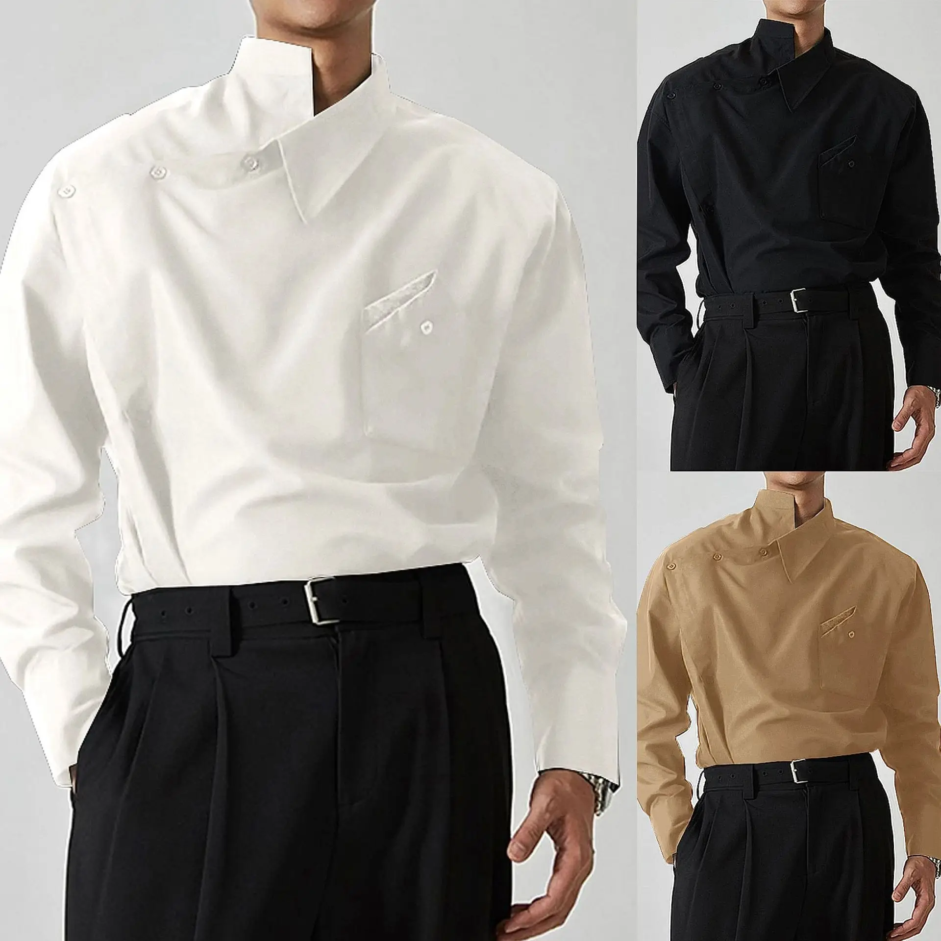 

2025 Spring and Autumn New Fashionable Design Irregular Collar Shirt French Men's Fashion Show Unique Buckle Long Sleeve Shirt