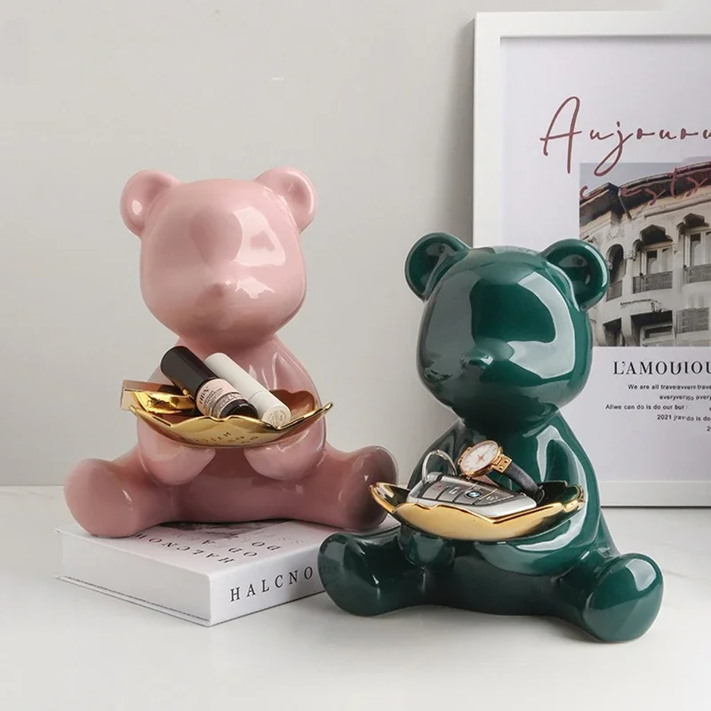3D Ceramic Bear Figurine Home Decoration Animal Statue Keys Storage Shelf Modern Room Sculpture Table Decor  Statues