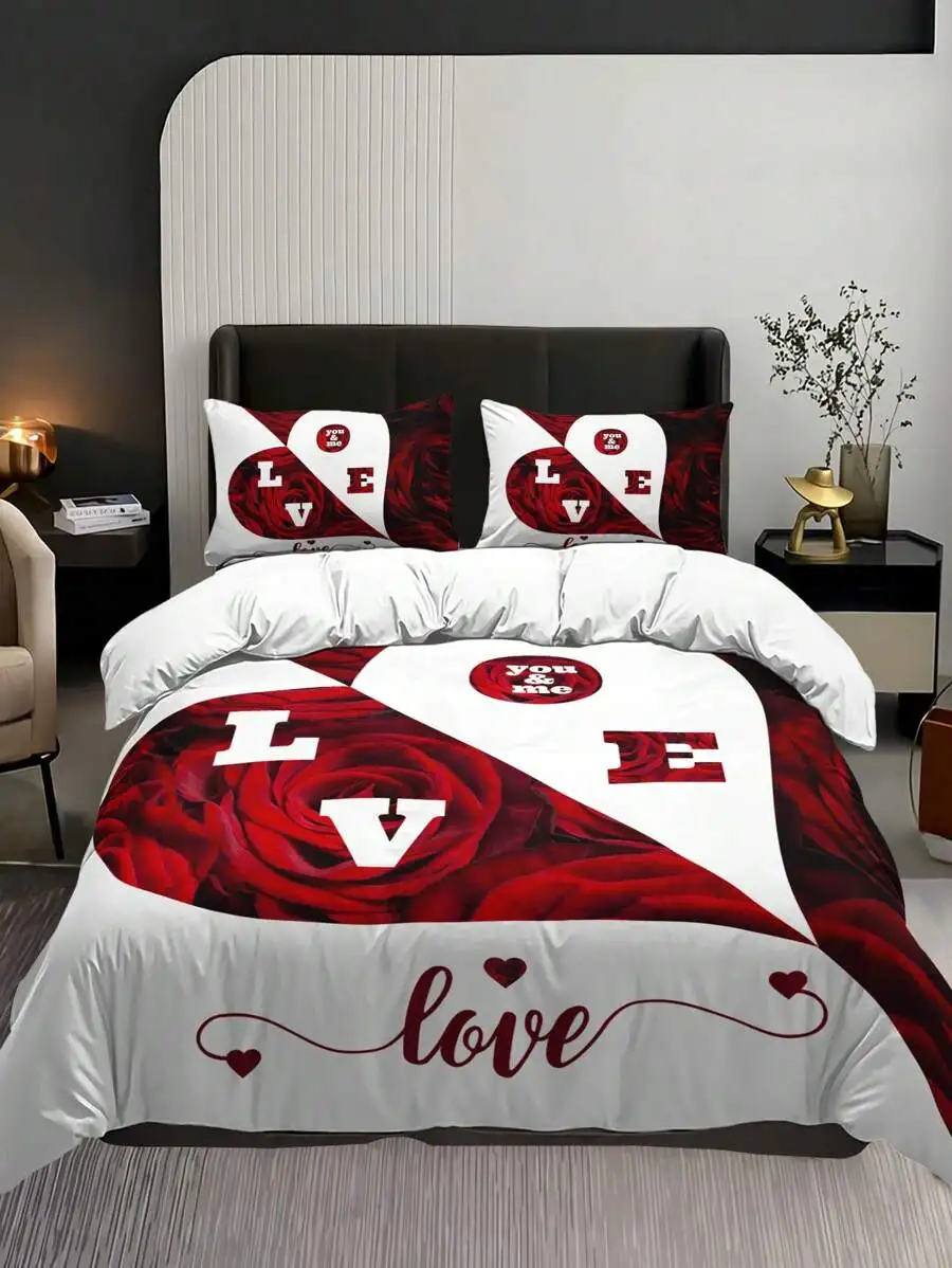 

3pcs Floral Rose Print Duvet Cover Set With 2 Pillowcases For Home Dorm