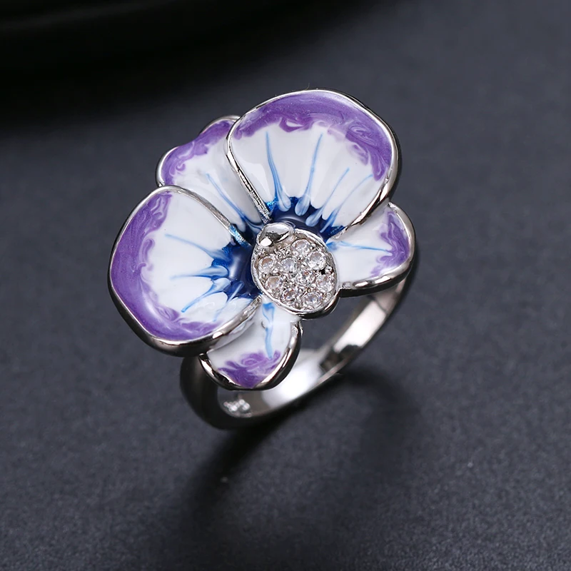 Silver Color Flower Jewelry Set for Women Enamel Silver Color Blue and White CZ Zirocn Ring Earrings Set Fashion Jewelry