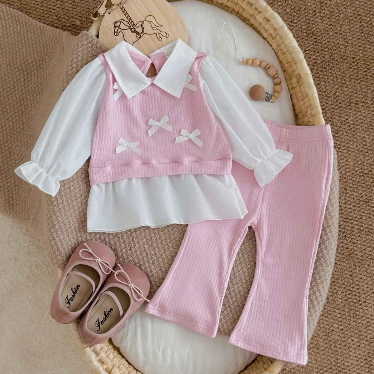Autumn Newborn Girls 2PCS Clothes Set Sweet Bow Babys Girls Fake Two Piece Top+pant Suit Toddler Infant Girls Flared Pant Outfit