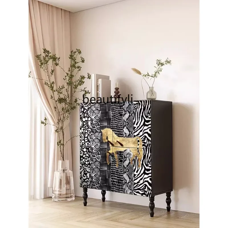 07 สไตล์อเมริกันไม้สีดํา Home Entrance ตู้ขนาดเล็ก Apartment Hall ตู้ Curio ตู้รองเท้าอิตาเลี่ยน Sideboard Cabine