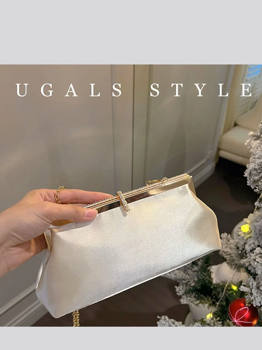 UGALS Metal Clip Dumpling Bag Shiny Silk Satin Handbag Diamond Studded Evening Clutch Shoulder Bag for Young Women