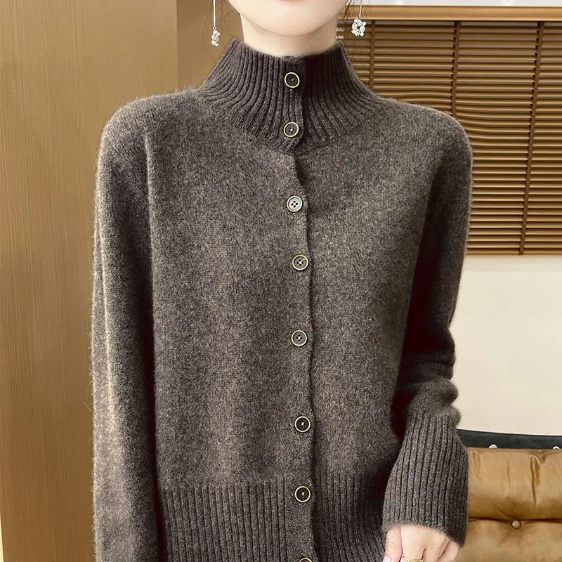 2024 autumn and winter new women's stand collar 100% pure wool fashionable casual versatile cardigan