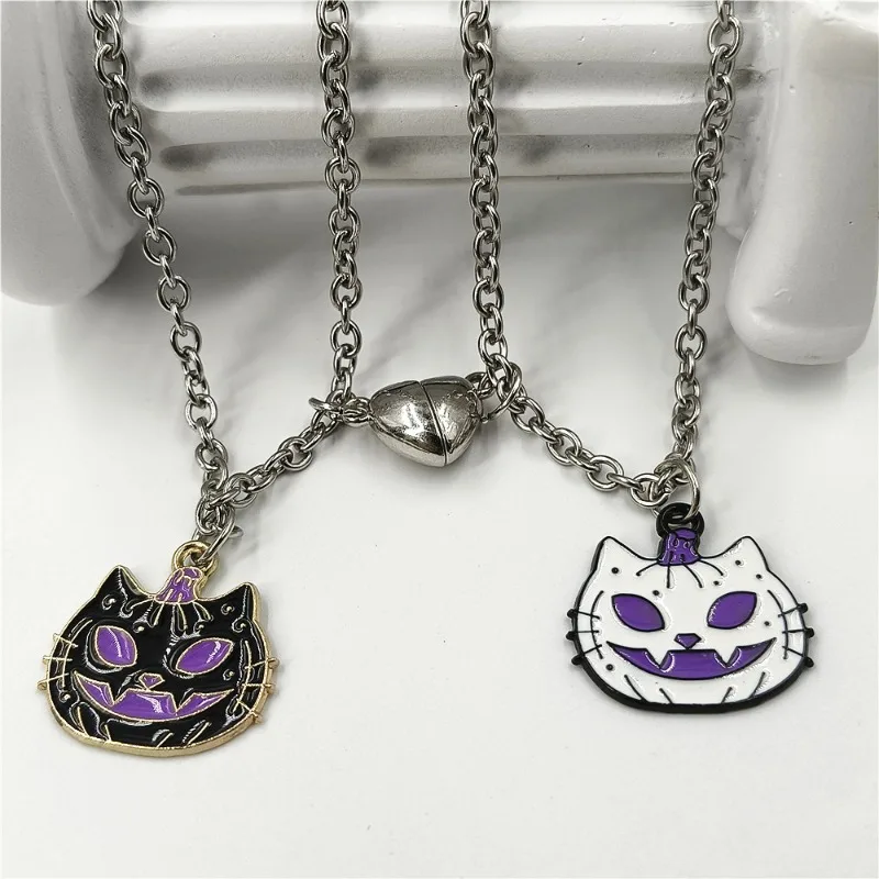 POPACC Couple Necklace Creative Jewelry Funny Face Cat Pendant Necklace for Women European and American Halloween Pendant